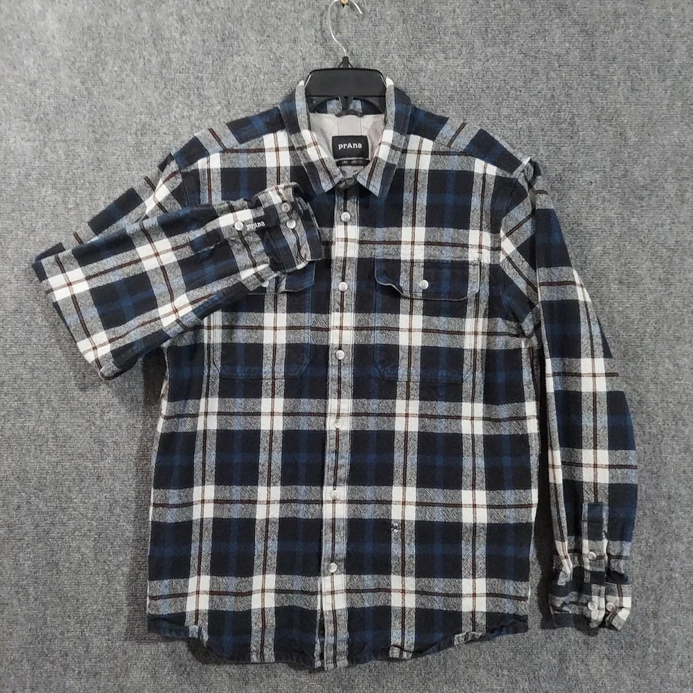 PrAna‎ Shirt Mens Large Blue Plaid Flannel Long Sleeve Button Up Casual Outdoor